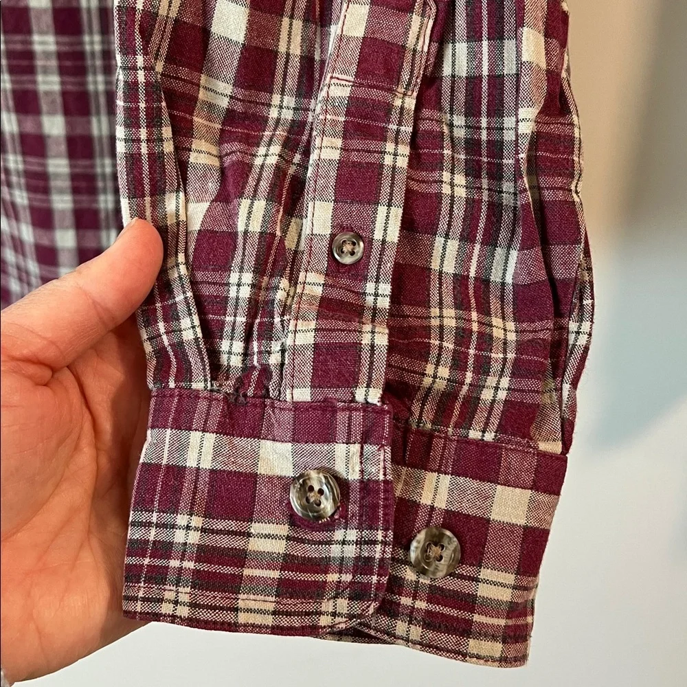 Wrangler Rugged Wear‎ - Maroon, Beige Plaid Shirt, Chambray Accents, L
